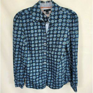 Tommy Hilfiger Small Button Up Shirt Top Blouse Blue Anchor Ruffle Cotton